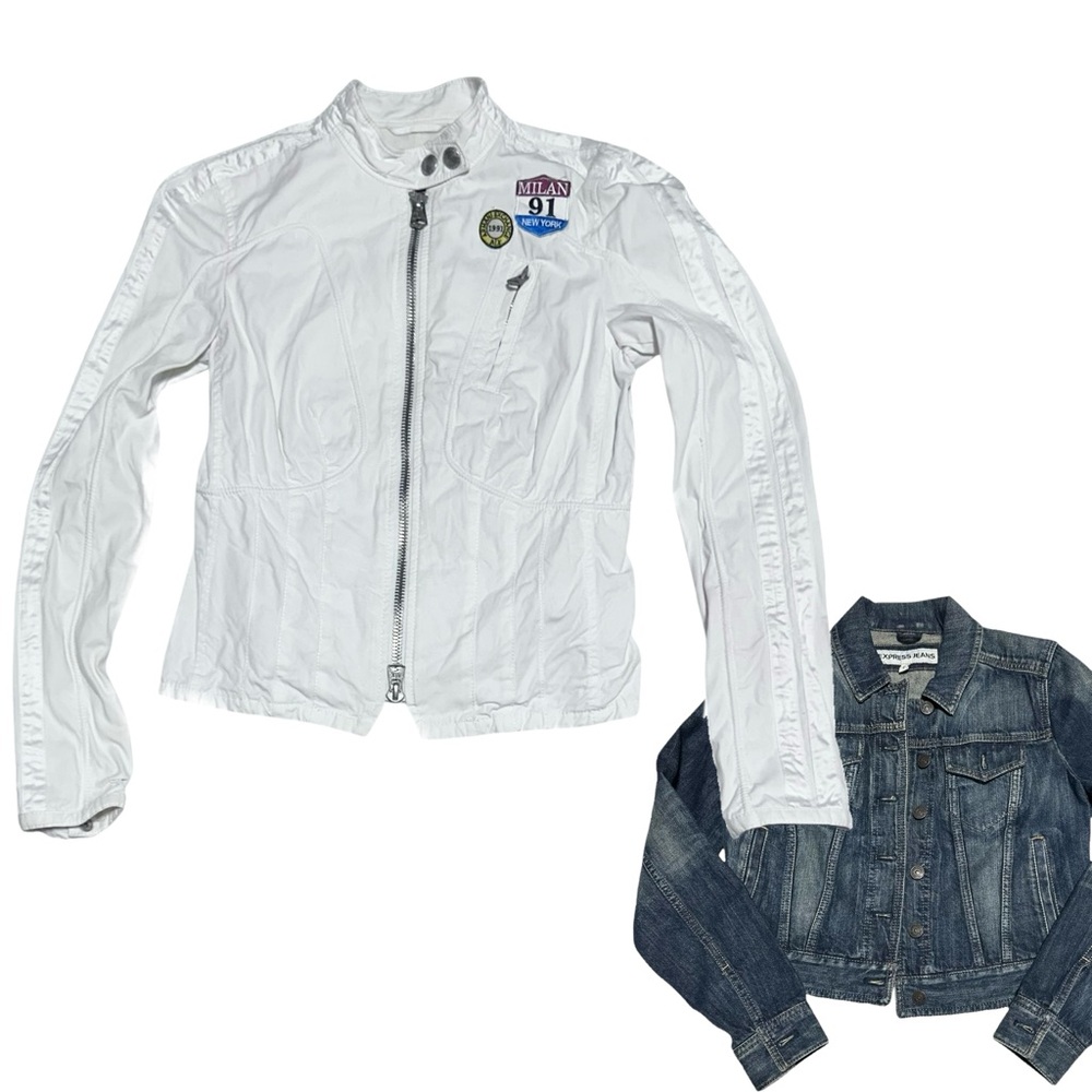Lot of 2 Jackets Vintage Y2K Armani Exchange White Moto Jacket + Jeans Jacket